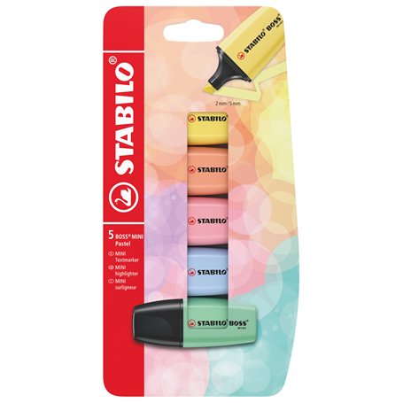 STABILO BOSS MINI Pastel - Mini surligneur - Blister carton x 5 surligneurs - coloris pastel