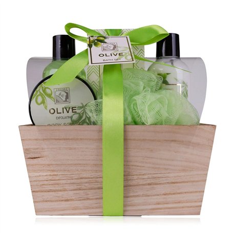 Accentra-Set cadeau de douche pour femmes OLIVE dans une belle boîte en bois-Set de soins 5 pièces gel douche