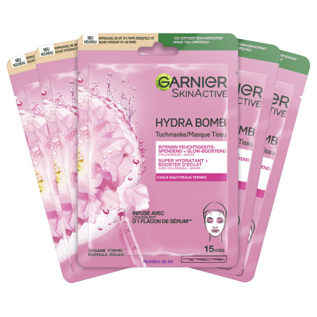 Garnier Hydra Bomb Lot de 5 masques hydratants à l'acide hyaluronique et sakura pour peaux mortes
