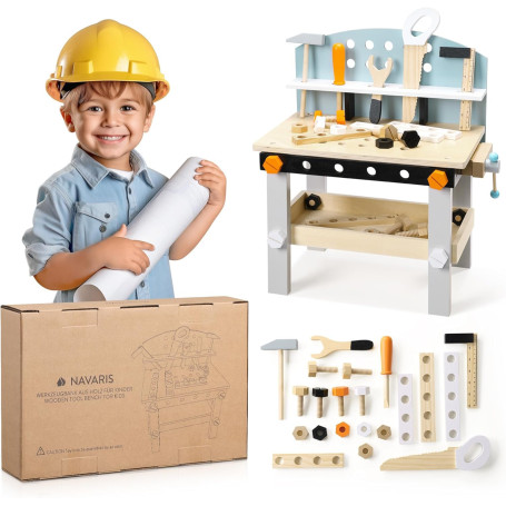 Navaris Établi pour Enfant en Bois - Banc à Outils avec 20 pièces en MDF - Jeu d'éveil et de Construction pour Enfants de 3 Ans