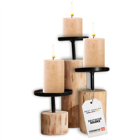 TOPANBIETER 999 Lot de 3 bougeoirs au design rond en bois d'eucalyptus et métal - Hauteur : 8 à 22 cm - Bougeoirs élégants pour