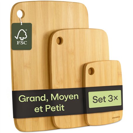 Praknu Planche à Découper en Bois - 3 Pièces de Planche Polyvalentes et Robustes en Bambou FSC® pour Légumes