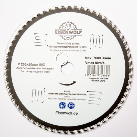 Lame de scie circulaire de qualité supérieure - 200 x 20 mm - Pour bois - Avec 60 dents TCT inclinées et découpes laser pour réd