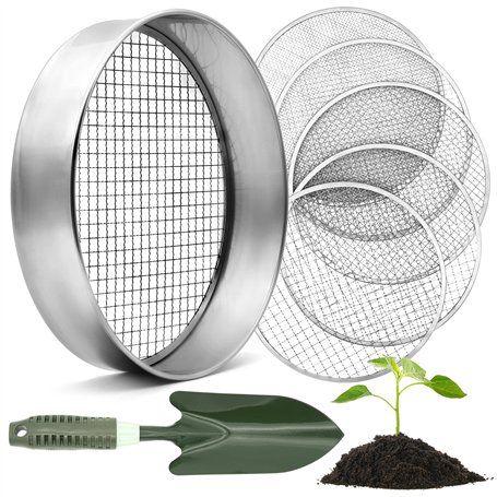 HappySeed Tamis de Jardin Rond 30 cm avec 5 Tamis interchangeables - Tamis à Compost en Acier Inoxydable pour la Terre