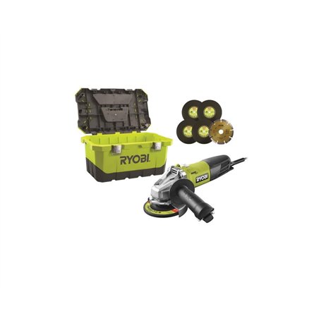 Meuleuse d'angle RYOBI 800W 125mm - 1 disque diamant - 5 disques a ébarber - Toolbox RAG800-125TA6