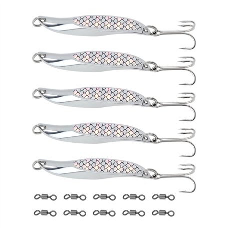 SG Store 5pcs Leurres de Pêche en Mer en Métal Argenté de 65 Mm avec Hameçons Triples Et 10 émerillons pour Bar Maquereau Truite