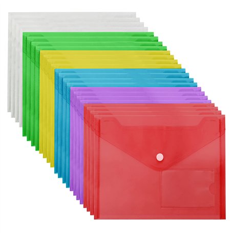 Belle Vous Lot de 24 Porte Document A5 Plastique Coloré - Avec Bouton Fermoir et Porte Carte - Pochette Rangement Maison Bureau
