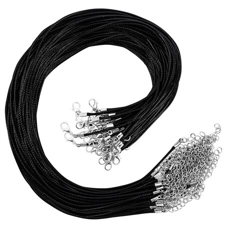 Kurtzy Lot de 50 Cordons de Colliers Cirés Noirs avec Chaîne & Fermoir Mousqueton - 48