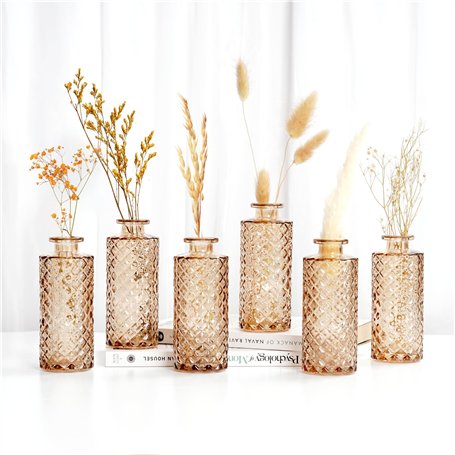 Winter Shore Vase Decoratif Ambre avec Motifs Diamant (Lot de 6) - Vase Fleur & Herbe de Pampa - Vase Vintage pour Décoration de