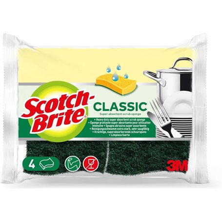 Scotch-Brite Classic Éponge à Récurer en Cellulose Non Rayante - 4 Pièces - Tampon à Récurer Très Absorbant Indiqué pour Les Tâc