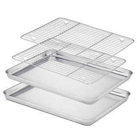 Velaze Plaque Pâtisserie et Grille INOX, Plaque de Cuisson avec Volette de 4 Pcs, Plateau Patisserie sans Revêtement, Plat à Rôt Velaze Plaque Pâtisserie et Grille INOX