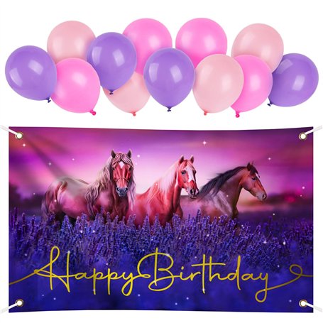 BETESSIN Décoration Anniversaire Cheval 180×110cm Toile de Fond Anniversaire Cheval Équitation et 12Pcs Ballons Anniversaire Ros