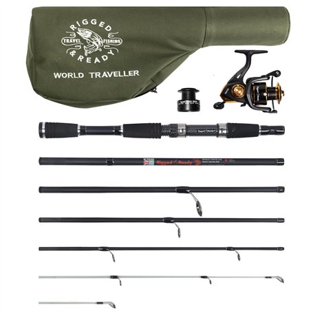 World Traveller Travel Canne à pêche Moulinet et étui Compact 6 sections 2 pointes 215 cm + 1