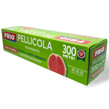 FRIO - 1 rouleau de film PVC alimentaire 300 m - Trousse professionnelle avec scie - Élastique et auto-scellant pour stockage et
