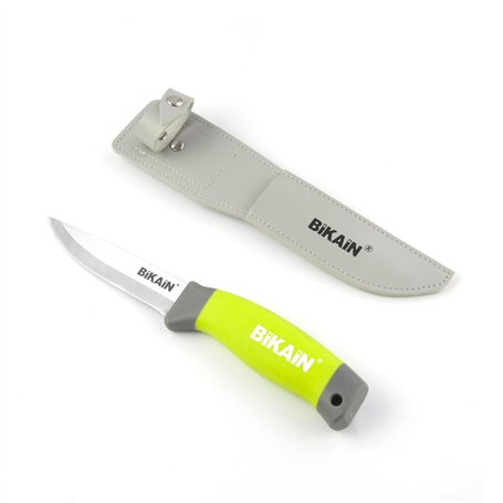 Bikain - Couteau de Montage Multi-usages 21cm - Lame 10cm en Acier Inoxydable - Manche caoutchouté - Livré avec étui en Cuir Ble