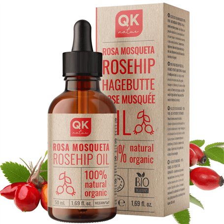 QKnatur - Huile de Rose Musquée 100% Pure Bio Vegan - Flacon verre 50 ml - Cicatrices et Vergetures - Anti-rides Anti-âge - BIO