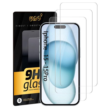 UNO' - Lot de 3 films de protection d'écran en verre trempé pour iPhone 15 et iPhone 15 Pro (6