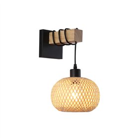 Alpinaluz Applique murale style nordique rustique en bois naturel avec abat-jour en osier et base en aluminium noir
