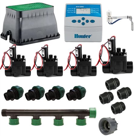 Kit d'arrosage complet 24V avec programmeur électrique Eco Logic Hunter 4 stations pour un système d'irrigation précis et effica