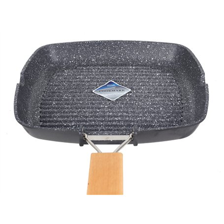 Zilan Poêle à griller 24 cm Base à induction Antiadhésive Poêle grill en bois Poignée pliable en aluminium pour plaques de cuiss