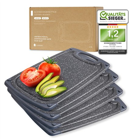 Exitoso Lot de 4 Planches à découper - Planche a Decouper Plastique - Poignée Facile à Saisir & Rainure de Jus - Passe au Lave-v