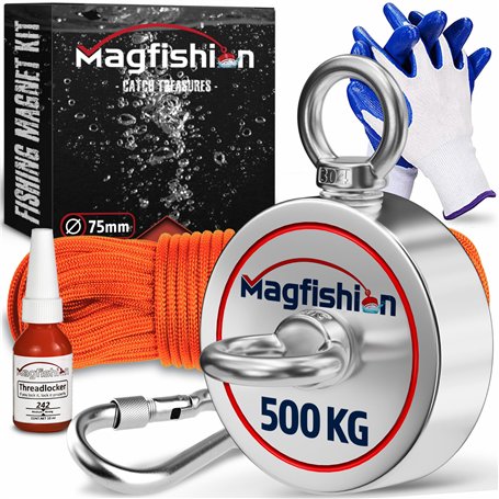 MAGFISHION Aimant Neodyme Puissant - Traction de 500KG (2 x 250kg) - Aimant de Pêche - Ø75mm - Peche a l'aimant avec de Corde (2