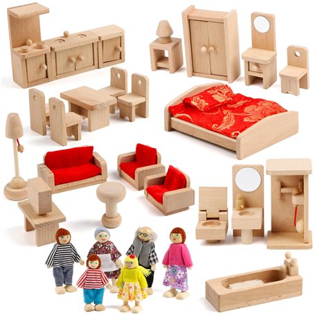 KABENFIS 5 Set Dollhouse Meubles Accessoires avec Une Famille de 6 poupées Décoration Faire Semblant de Jouer Jouets pour Filles