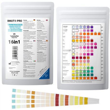 Lot de 25 Bandelettes de Test 16 en 1 pour l'Eau Potable - Testeur pour Analyse de la Qualité de l'Eau du Robinet - Dureté Total