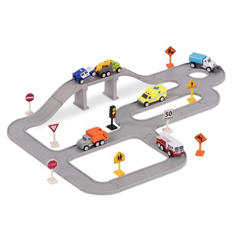Driven by Battat - Voiture pour Enfants avec Circuit - 57 pièces - Pistes connectables – Véhicules et Panneaux de signalisation
