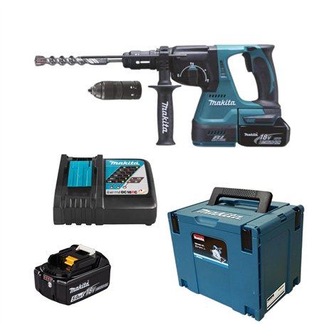 MAKITA Dhr243T1J Perforateur Burineur Sds Plus 2 Joules 24 mm Bl Lxt 18V + 1 Batterie 18V 5Ah Li-Ion Bl1850B + Coffret Makpac