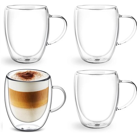 4 x 350 ml Tasses à Café en Verre à Double Paroi Avec Poignée