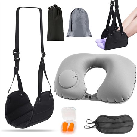 VireEyU Ensemble Voyage : Support de Pieds & Oreiller de Voyage – Hamac de Pieds Réglable avec Masque de Sommeil et Bouchons d'O