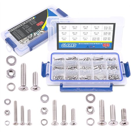 Glarks 665 pcs Acier inoxydable 304 M3 M4 M5 M6 Phillips Vis à tête plate Boulons et écrous Plat joints d'étanchéité Rondelles r