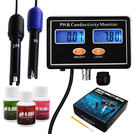 pH/EC Conductivité Mètre avec ATC Eau Qualité Testeur 0.0-14.0pH / 0~19.99ms/cm Aquarium