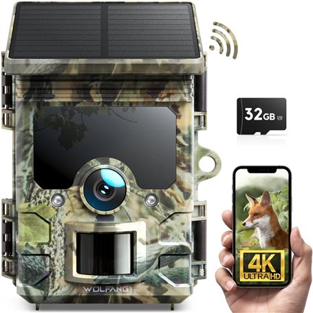 WOLFANG Caméra de Chasse Solaire 4K 30fps 46MP WiFi Bluetooth Camera Chasse avec Carte Micro SD U3 32GB Vision Nocturne IP66 Éta