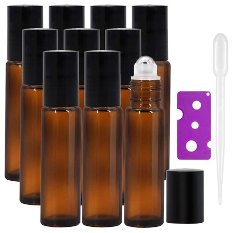 JamHooDirect Lot de 10 flacons à bille en verre ambré rechargeables de 10 ml pour huiles essentielles avec billes en acier inoxy