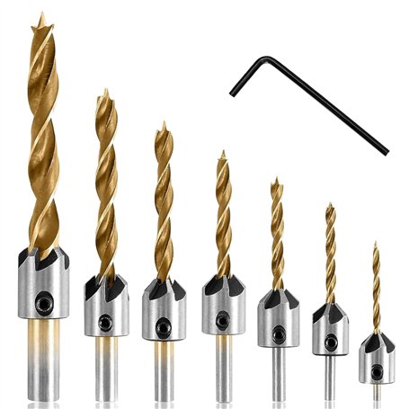 Lot de 7 forets hélicoïdaux à bois avec fraise conique à bois avec trou alésoir à tenon 90° pour le travail du bois
