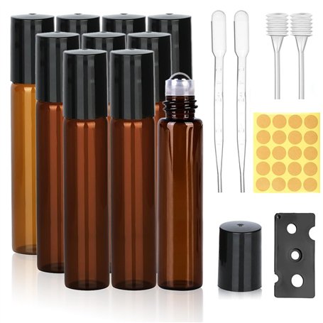 Jizxol Roll on Lot de 10 bouteilles d'huile essentielles à rouler vides de 10 ml avec bille en acier inoxydable pour huiles