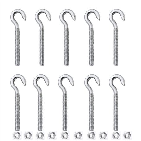 ZHIQIN 10 Pièces M6 Crochet Boulon Anneau à Vis Crochet avec 10 Noix Haute Dureté Crochet 304 Acier Inoxydable Vis Crochet pour