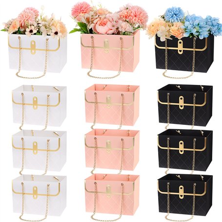 Lot de 12 sacs de fleurs en papier avec chaîne en métal - Boîte cadeau pour bouquet de fleurs - Seau de rangement créatif pour m