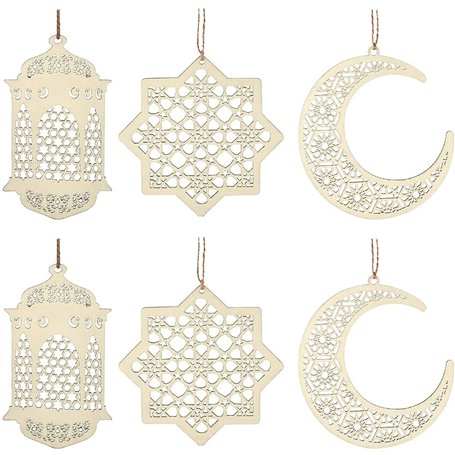 ANCLLO 2 ensembles 6 pièces pendentif en bois ornement Ramadan Kareem décoration lune étoile vent lumière forme pendentif orneme
