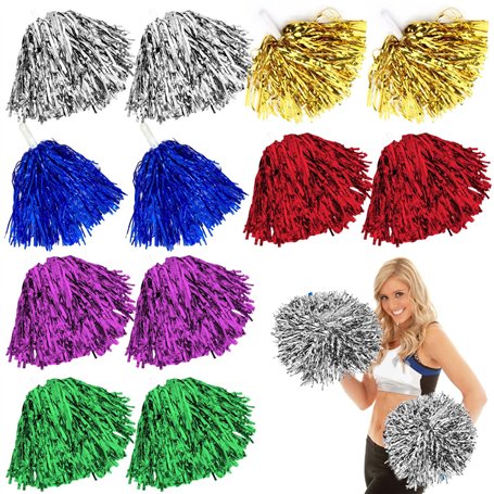 Lot de 12 pompons de pom-pom girl avec poignées pom girl métallisée