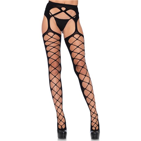 Leg Avenue 177822001 Collant Porte-Jarretelles Opaque avec Résille Criss Cross à l'Avant Noir Taille Unique 36-40