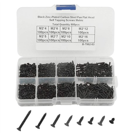 WMYCONGCONG Assortiment de 800 vis auto-taraudeuses M2 Philips à tête plate en acier au carbone avec boîte (noir)