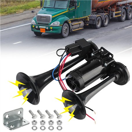 Klaxon de camion 12 V - Double tube - Super fort - Klaxon de voiture - Klaxon LWK - Avec compresseur - Kit klaxon à air comprimé