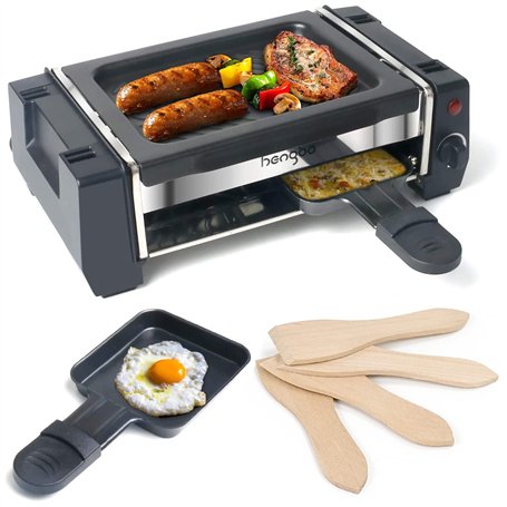 Appareil Raclette 2 personnes Mini Grill Raclette avec 2 Poêlons à Raclette et 4 Grattoirs en Bois