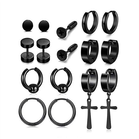 8 Paires Acier Inoxydable Boucle d’Oreille Anneau Homme Femme Ronde Clou d’Oreille Piercing Croix Pendentif Rétro (Black)