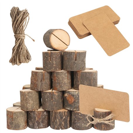 30 Pièce Porte Carte en Bois Porte Menu Mariage Support Menu avec 30 Cartes Papier + 10m Corde Jute Marque Place Bois Stands en