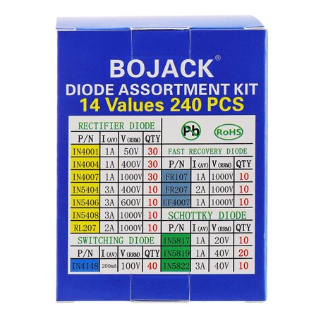 BOJACK 240 Lot de 14 Valeurs Redresseur Diodes Sac Assortiment Kit Pour Arduino (1N4001 4004 4007 4148 5404 5406 5408 5817 5819