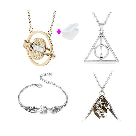PPX 4 pcs Collier Set Time Turner La Mort Relique Golden Snitch Collier et Bracelets pour Fans Collection De Cadeaux ou Décorati